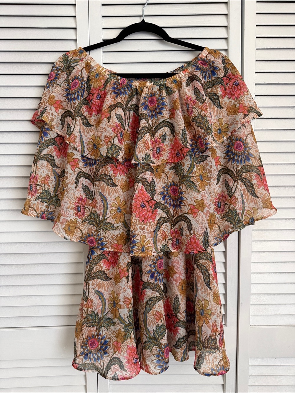 Show Me Your MuMu Floral Off-Shoulder Ruffle Romper in Pink, Blue, Yellow